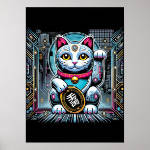 Poster Cyberpunk Robot Maneki Neko Lucky Cat, Dinheiro