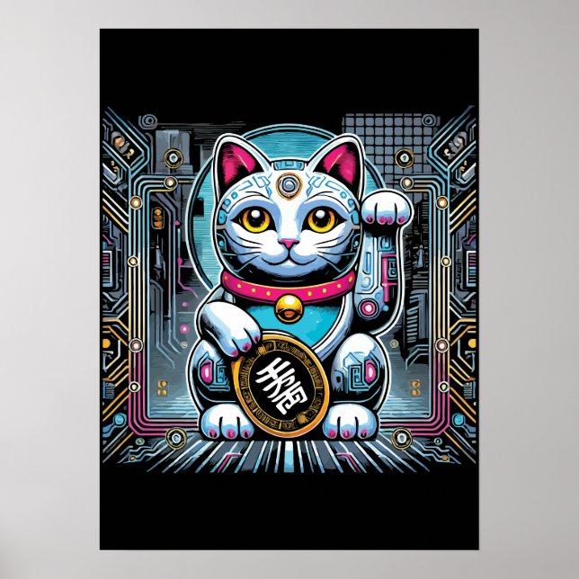 Poster Cyberpunk Robot Maneki Neko Lucky Cat, Dinheiro (Frente)