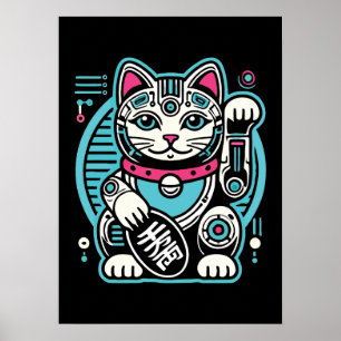 Poster Cyberpunk Robot Maneki Neko Lucky Cat, Dinheiro