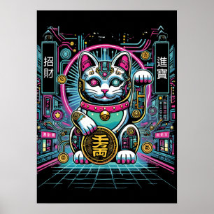 Poster Cyberpunk Robot Maneki Neko Lucky Cat, Dinheiro