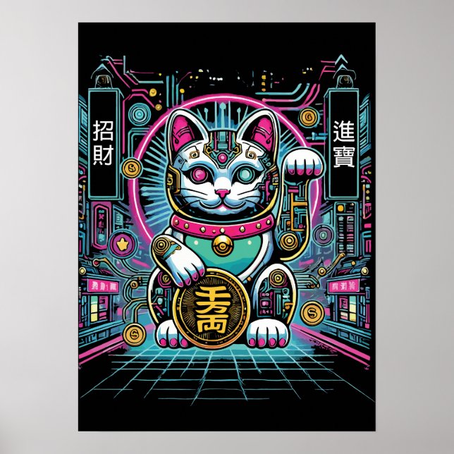Poster Cyberpunk Robot Maneki Neko Lucky Cat, Dinheiro (Frente)