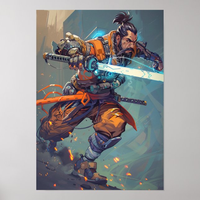 Poster Cyberpunk Samurai futuralista segurando a laser Ka (Frente)