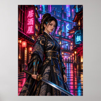 Poster Cyberpunk Samurai Woman Japanese Neon Wall Art