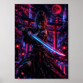 Poster Cyberpunk Samurai Woman – Neon Ronin