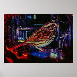 Poster Cyberpunk Sparrow em Neon Cityscape
