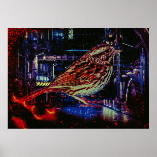Poster Cyberpunk Sparrow em Neon Cityscape