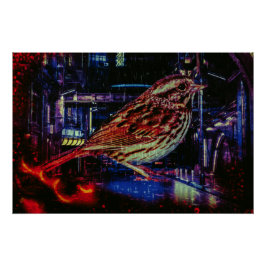 Pôster Cyberpunk Sparrow em Neon Cityscape