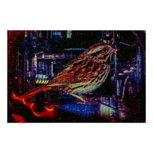 Pôster Cyberpunk Sparrow em Neon Cityscape