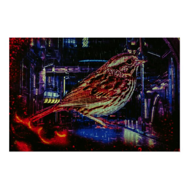 Pôster Cyberpunk Sparrow em Neon Cityscape (Frente)
