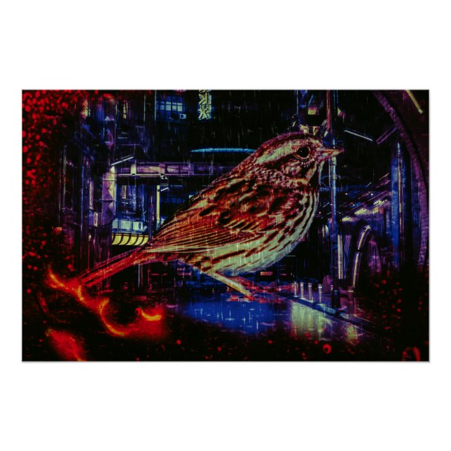 Pôster Cyberpunk Sparrow em Neon Cityscape (Frente)