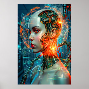 Poster Cyborg Feminina Ciberpunk Arte de Tecnologia Neon 