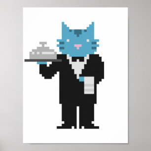 Poster da arte do pixel do gato do garçom