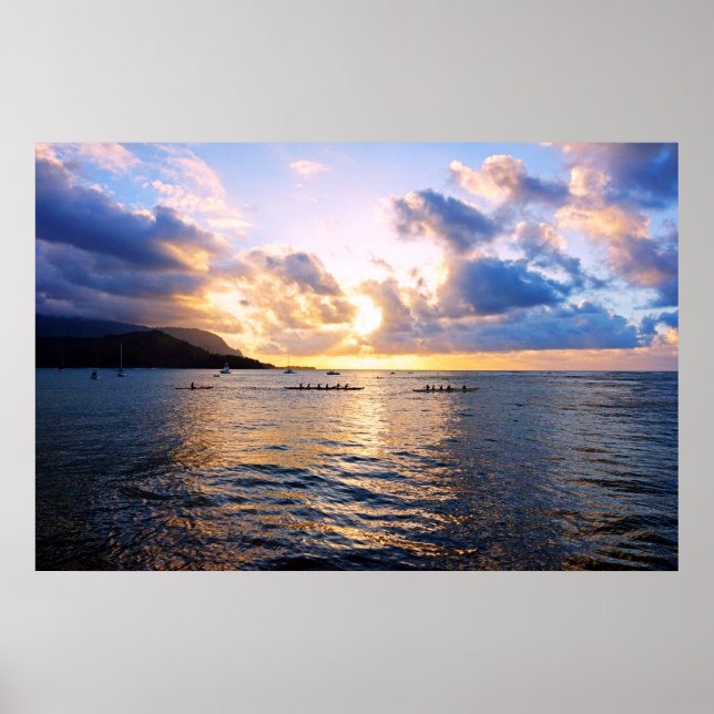 Poster da Baía de Hanalei, Canoes Outrigger (Frente)