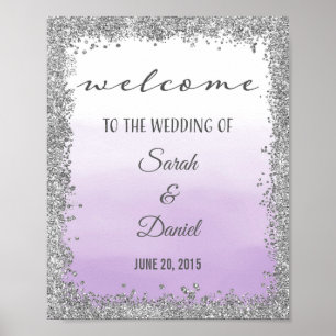 Poster da boa vinda do casamento roxo e de prata