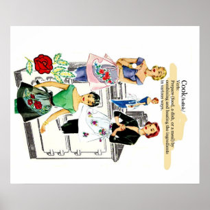 Poster da cozinha do vintage com fogão e avental