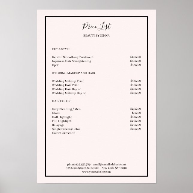 Poster da Lista de Preços Preto Simpel Lightpink (Frente)
