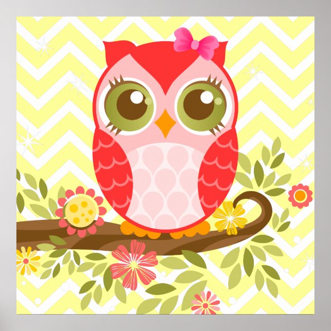 Poster da Muralha Rosa Girly Owl (Frente)