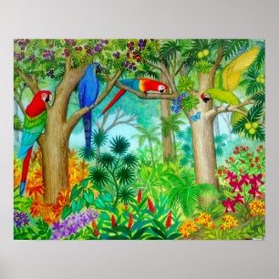 Poster da pintura da aguarela da selva do papagaio