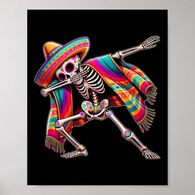 Poster Dabbing Skeleton Cinco De Mayo Sombrero Poncho Mex (Frente)