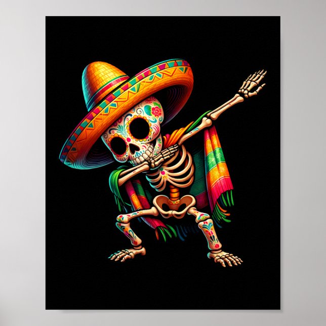 Poster Dabbing Skeleton Cinco De Mayo Sombrero Poncho Mex (Frente)