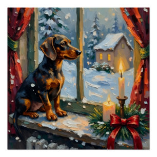 Pôster Dachshund Antigo junto à Janela de Natal Aconchega