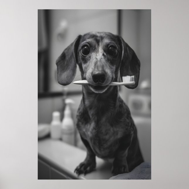 Poster Dachshund Brushing Teeth Print, Funny Bathroom Dog (Frente)