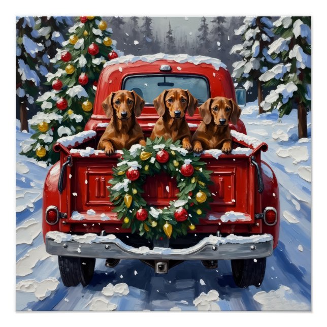 Pôster Dachshund Christmas Red Truck Holiday (Frente)