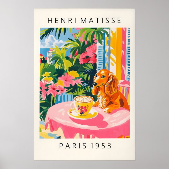 Poster Dachshund Coffee Print Matisse Style Pink Kitchen (Frente)