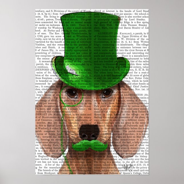 Pôster Dachshund com chapéu verde e bigode (Frente)