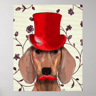 Pôster Dachshund Com Chapéu Vermelho Superior