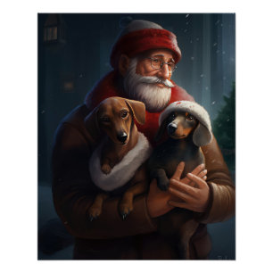 Pôster Dachshund Com Papai Noel Natal Festivo