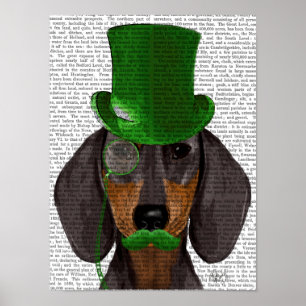 Pôster Dachshund com Preto de Chapéu Verde Superior