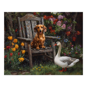 Pôster Dachshund com um ganso em um jardim