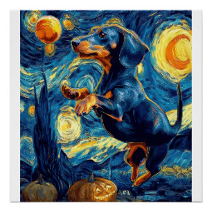 Pôster Dachshund da noite estrelada de van gogh halloween