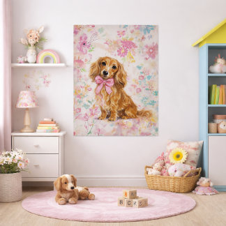 Poster Dachshund de Cabelo Longo Aquarela Pastel Floral