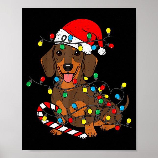 Poster Dachshund Dog Christmas Lights Santa Xmas Pet Dog  (Frente)