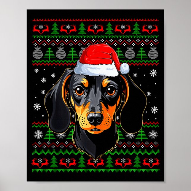 Poster Dachshund Dog Christmas Ugly Sweater Santa Adults  (Frente)