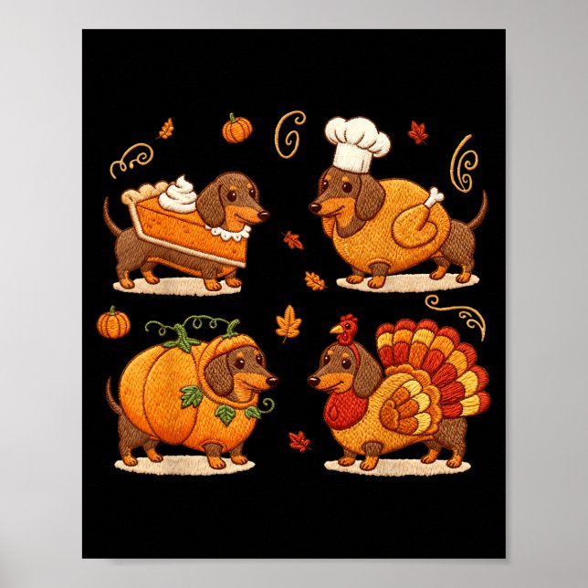 Poster Dachshund Dog Pumpkin E Turkey Thanksgiving Men Wo (Frente)
