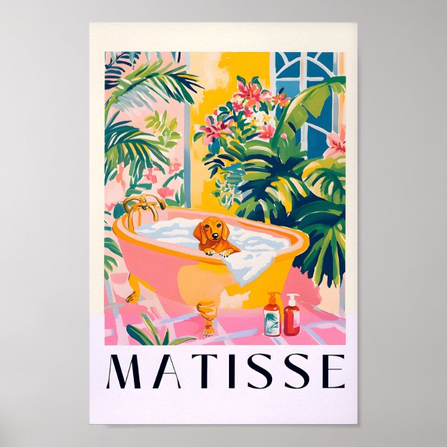 Poster Dachshund Em Bathtub Engraçado Decor, Matisse Impr (Frente)