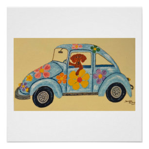 Pôster Dachshund em carro hippie