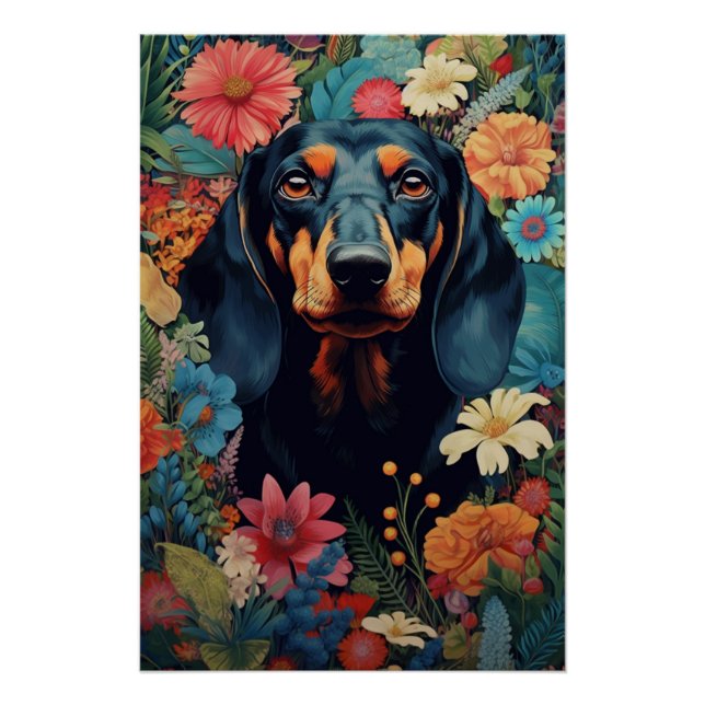 Pôster Dachshund Em Meio A Sinfonia Das Flores (Frente)