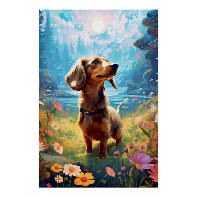 Pôster Dachshund Explorando Um Prado (Frente)