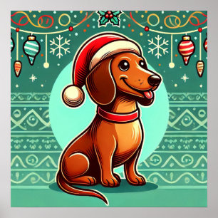 Poster Dachshund Festivo Usando Chapéu de Papai Noel