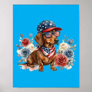 Poster Dachshund Floral Bandeira Americana EUA 4 De Julho