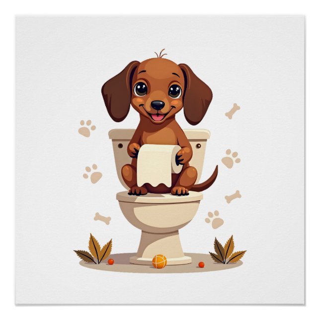 Pôster Dachshund Fofo Antigo no Cartoon de Banheiro com V (Frente)