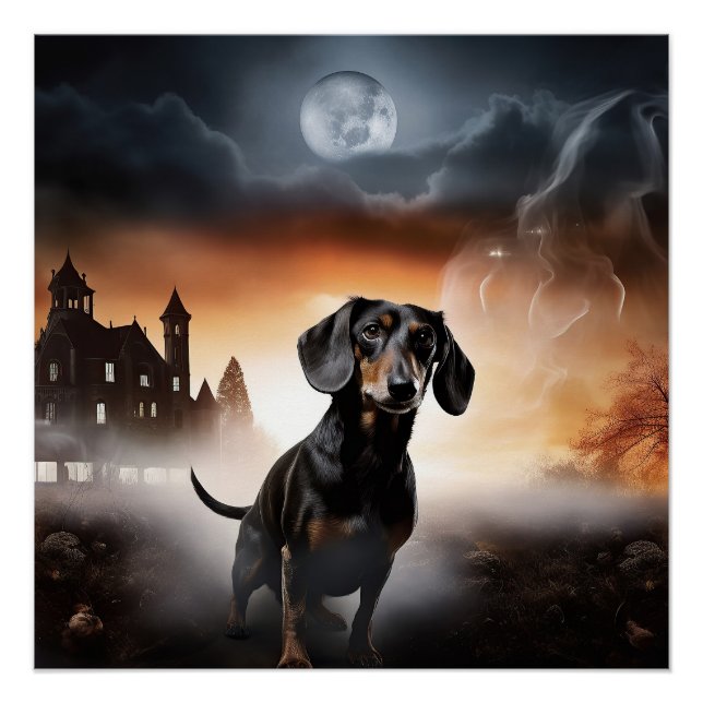 Pôster Dachshund Halloween Assustador (Frente)