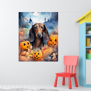 Poster Dachshund Halloween Com Pumpkins Assustado