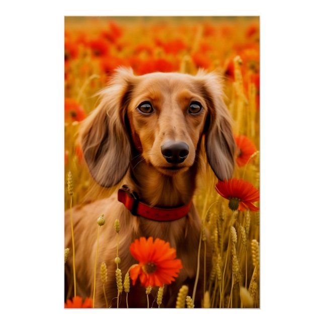 Pôster Dachshund Num Campo De Flores (Frente)
