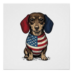 Pôster Dachshund Patriótico Desenho Vetorial de Gravura V