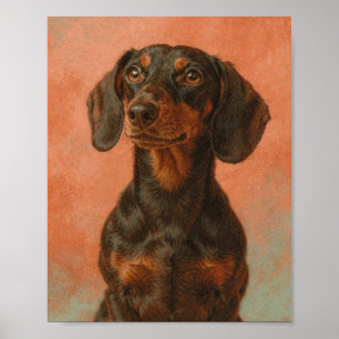Poster Dachshund Preto e Castanho sobre Coral